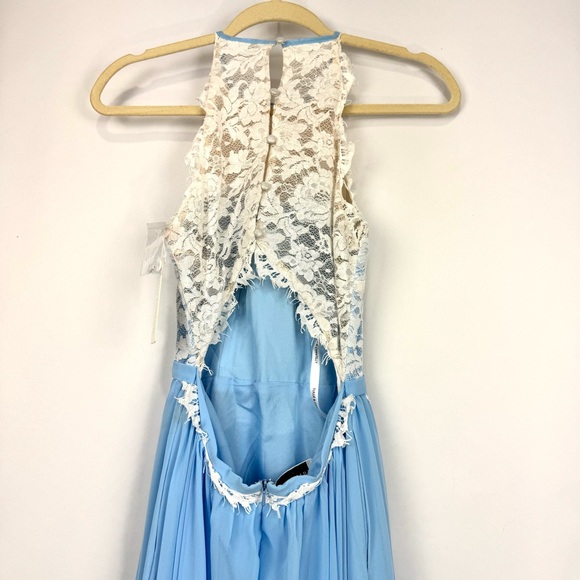 TULLE & CHANTILLY Sz 2 Blue Long Halter Lace Chiffon Bridesmaid Dress w/ Pockets - Picture 6 of 14